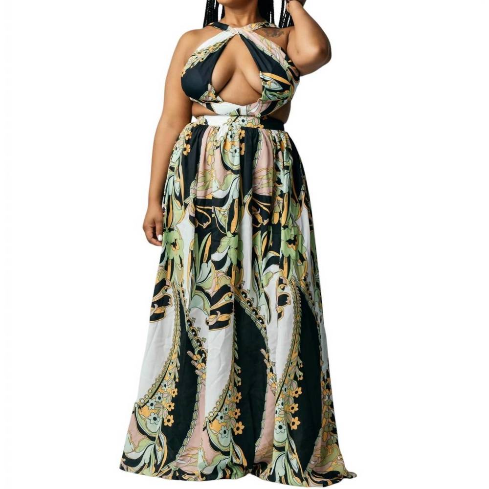 NEW BLITHELA sleeveless maxi dress in green multi